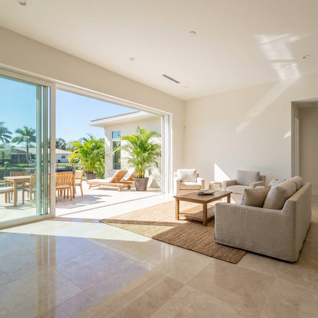 Modern Florida home with restored sliding glass doors leading to a tropical patio