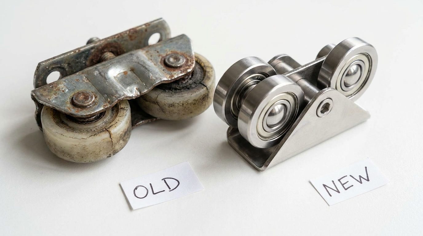 Worn vs. new sliding door rollers side by side comparison