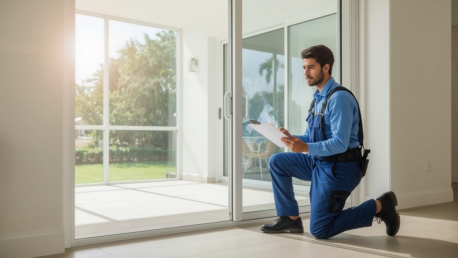 Technician reviewing repair estimate with homeowner near sliding glass door