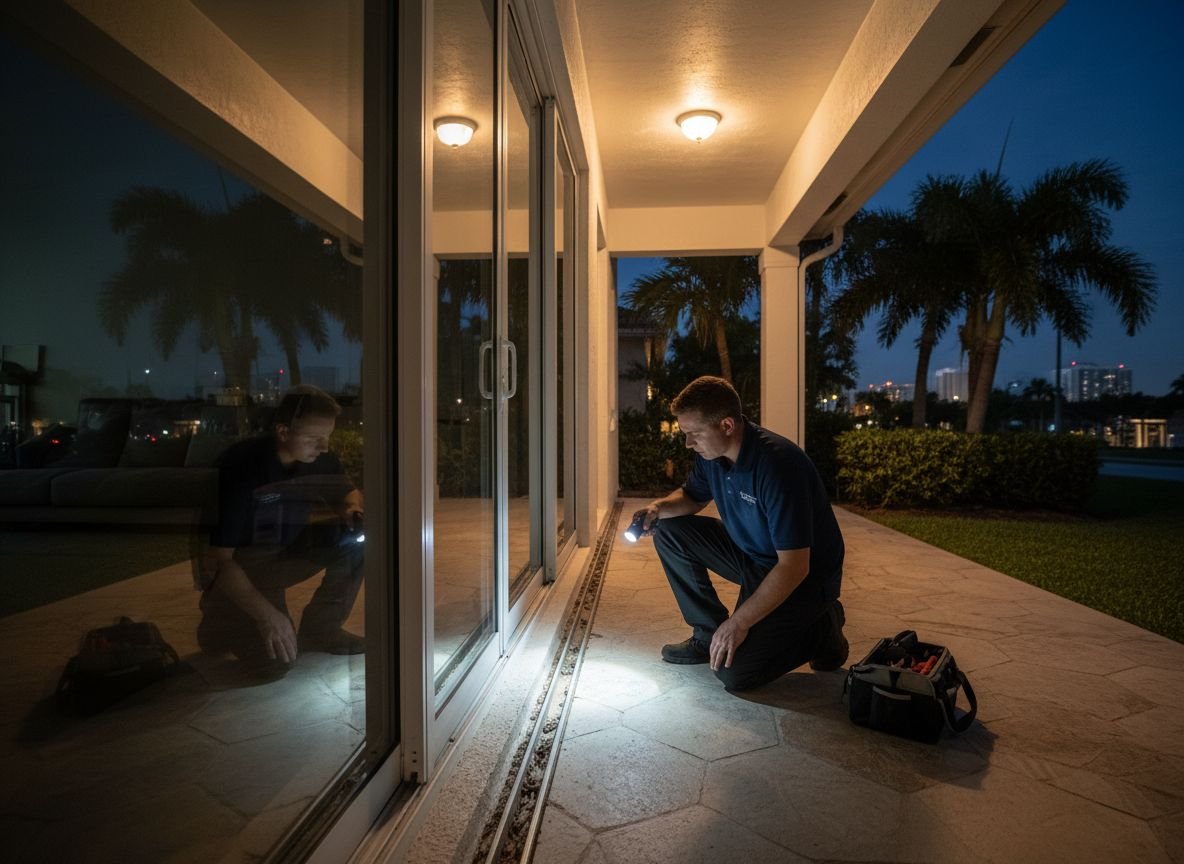 Technician using a flashlight to inspect a jammed sliding glass door track at night in a Broward County home