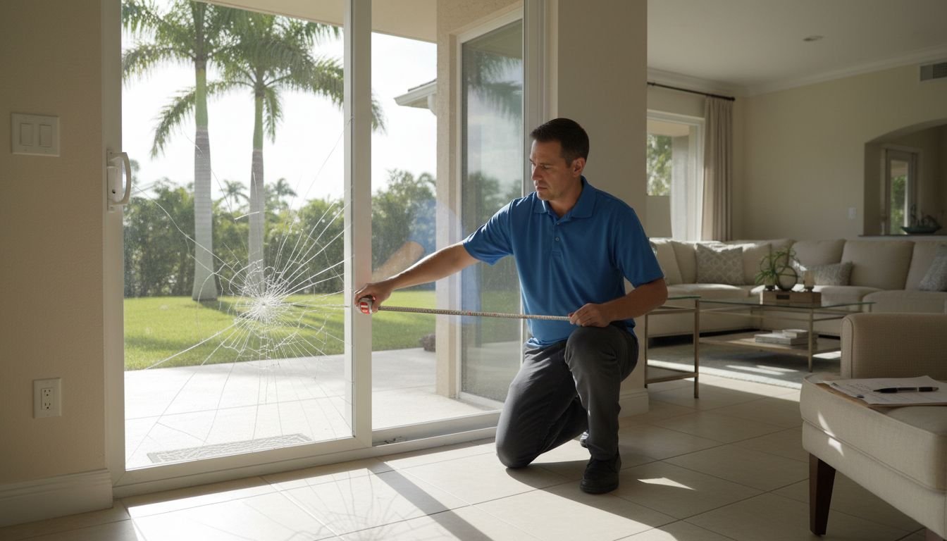 Technician measuring a cracked sliding glass door panel for replacement in a South Florida home