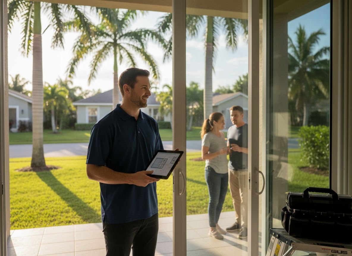 Sliding door repair technician reviewing an estimate on a tablet with a homeowner couple at their Broward County home