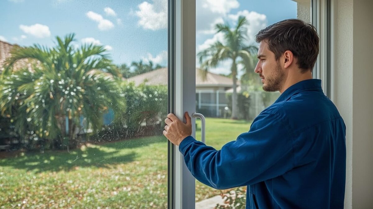 Sliding door repair technician examining a sliding glass door handle at a Coconut Creek Florida home