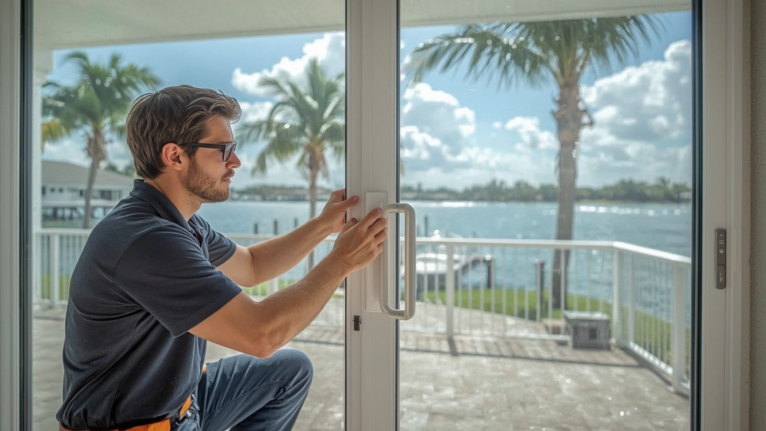 Sliding door repair technician working on a waterfront home sliding glass door in Dania Beach Florida