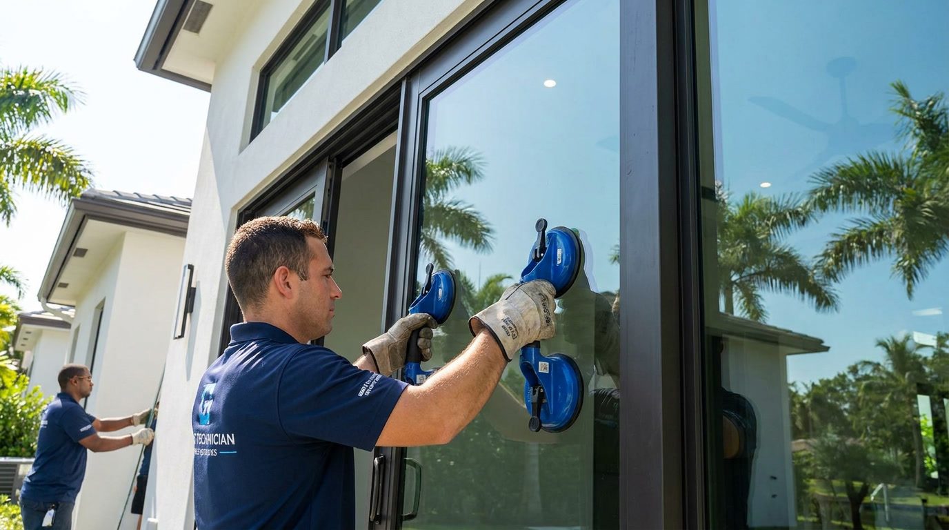 Technician installing a glass panel in a sliding door in Broward County FL Technician installing a glass panel in a sliding door in Broward County FL