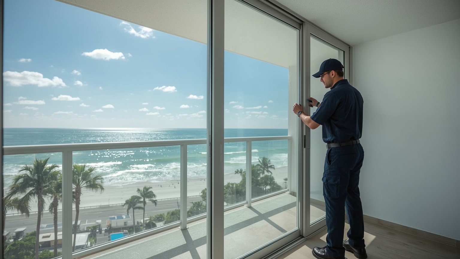 Sliding door repair technician working on a sliding glass door in Hallandale Beach Florida