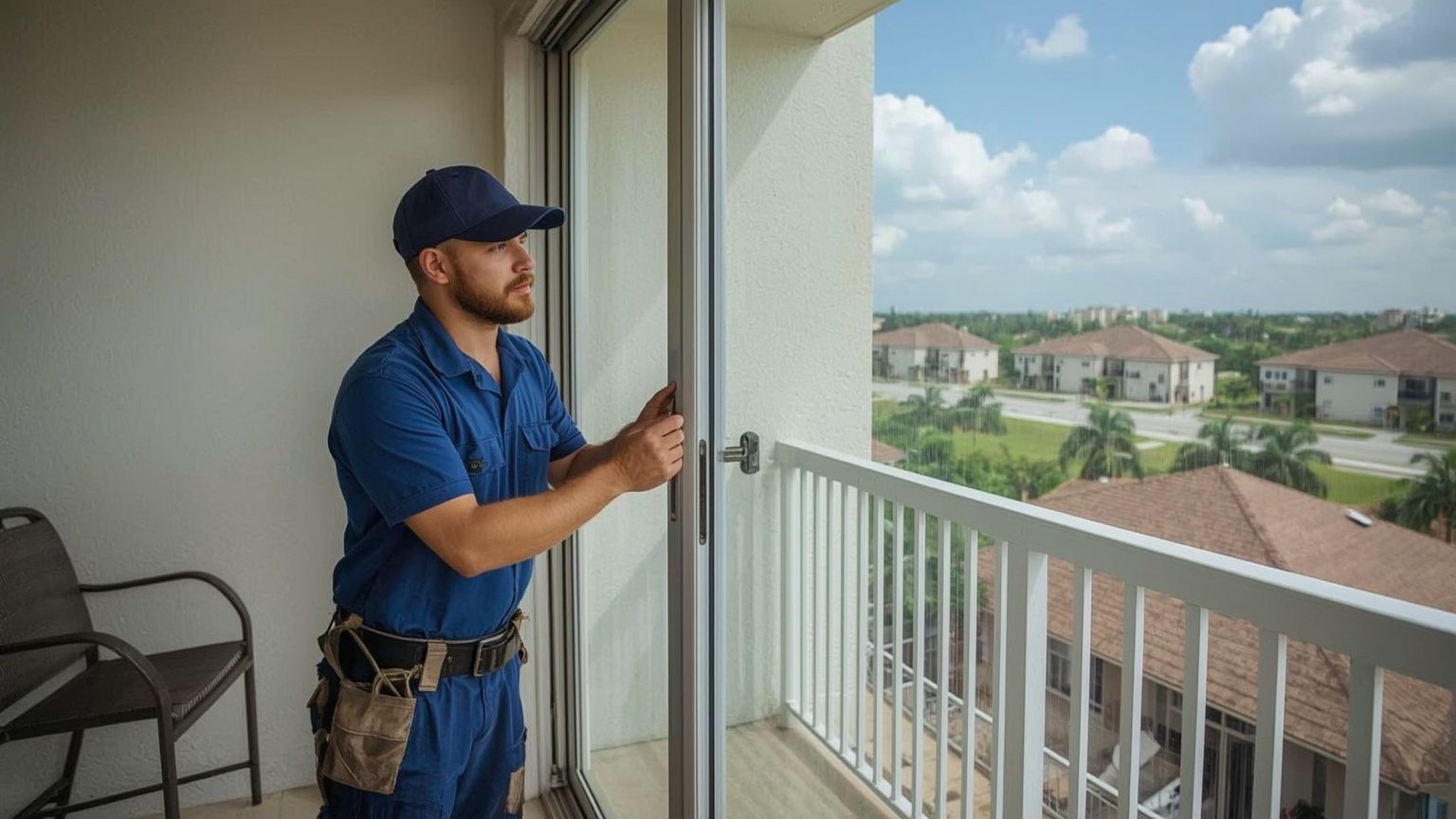Sliding door repair technician replacing rollers on a sliding glass door at a Lauderhill Florida home