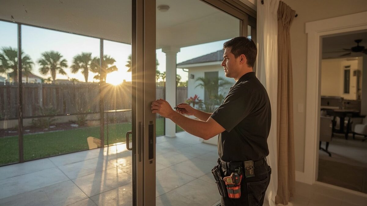 Sliding door repair technician working on a sliding glass door lock at a Margate Florida home at golden hour