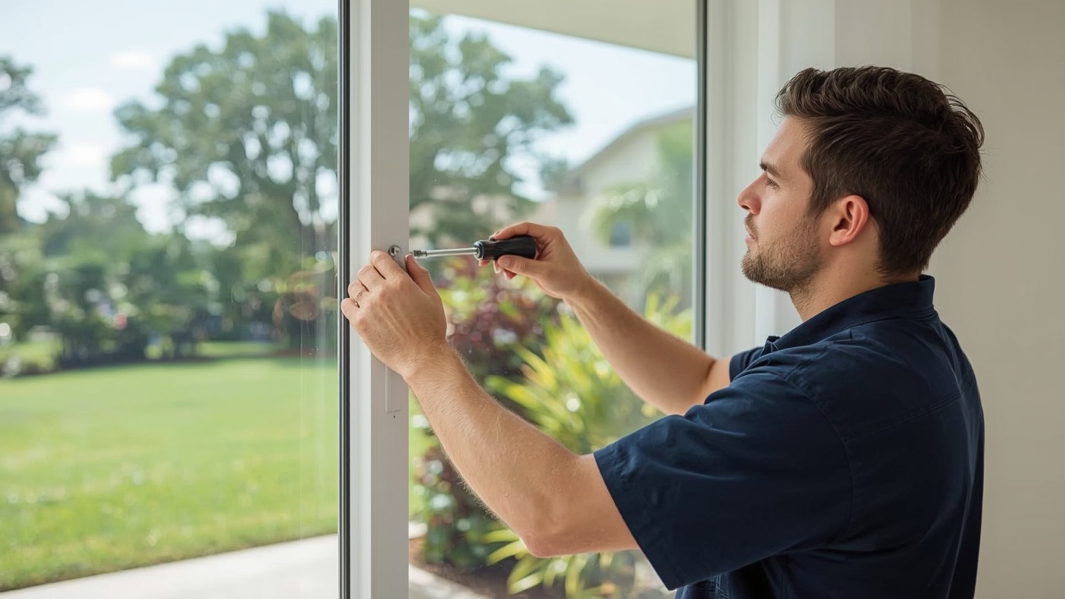 Sliding door repair technician working on a sliding glass door in North Lauderdale Florida