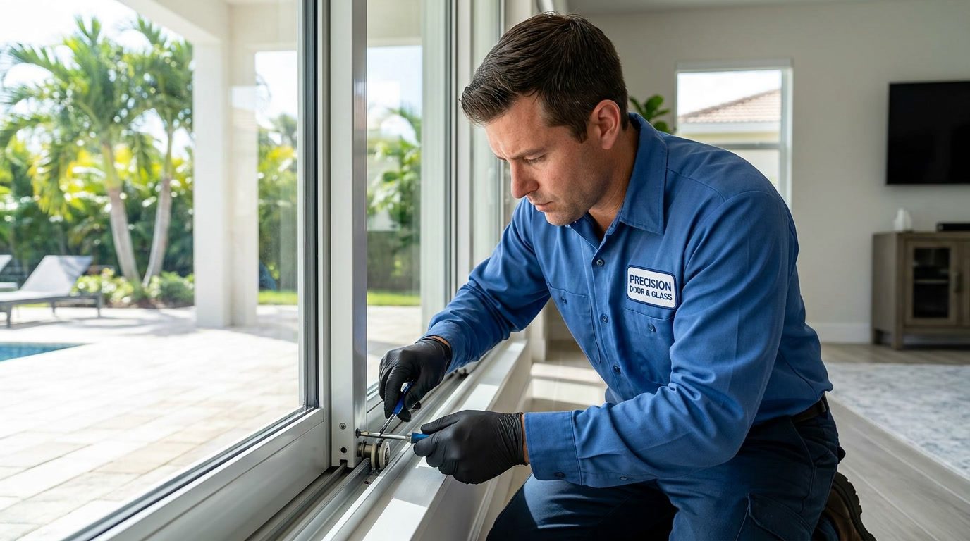 Technician repairing a sliding glass door in Broward County, FL Technician repairing a sliding glass door in Broward County, FL
