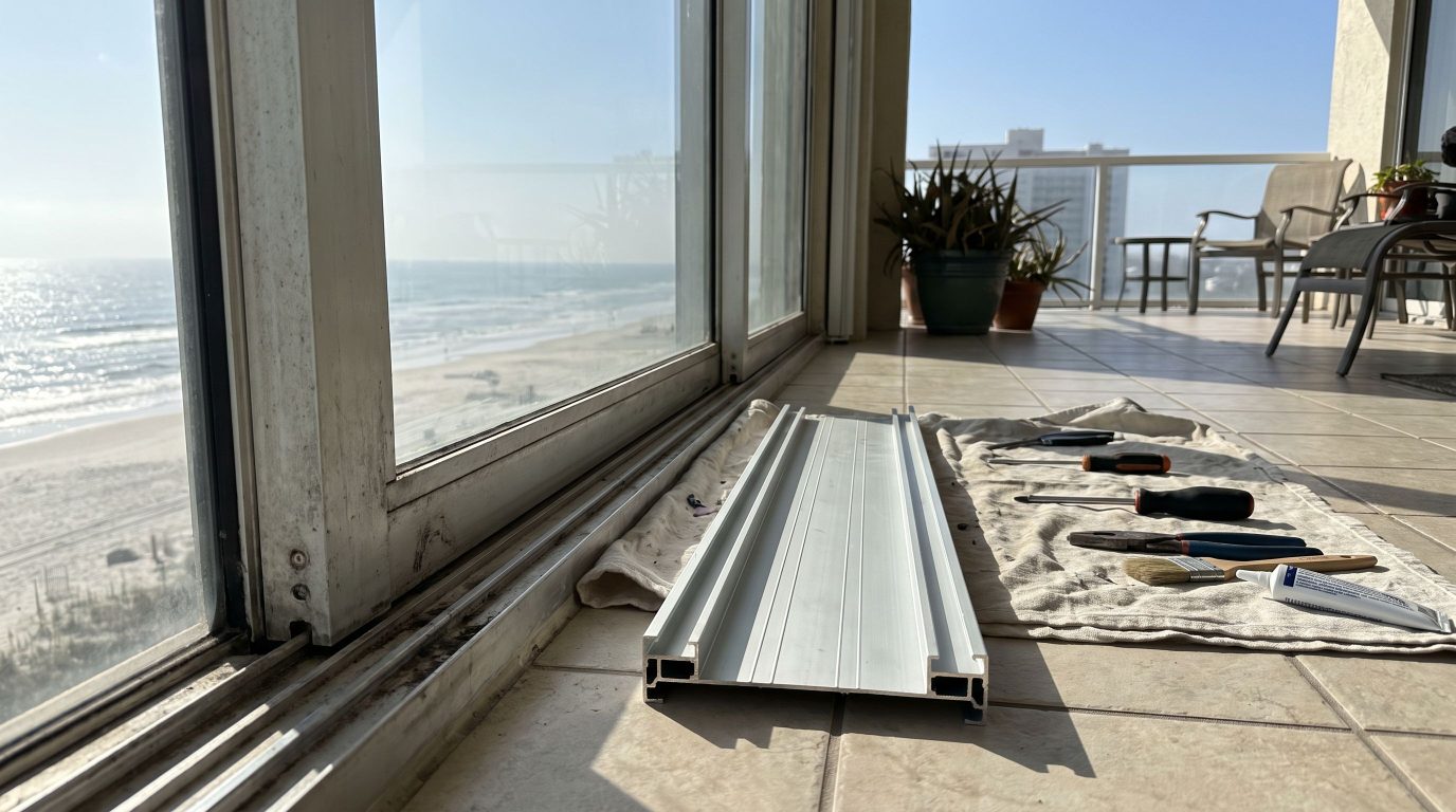 Technician repairing a sliding glass door track in Fort Lauderdale, FL Technician repairing a sliding glass door track in Fort Lauderdale, FL