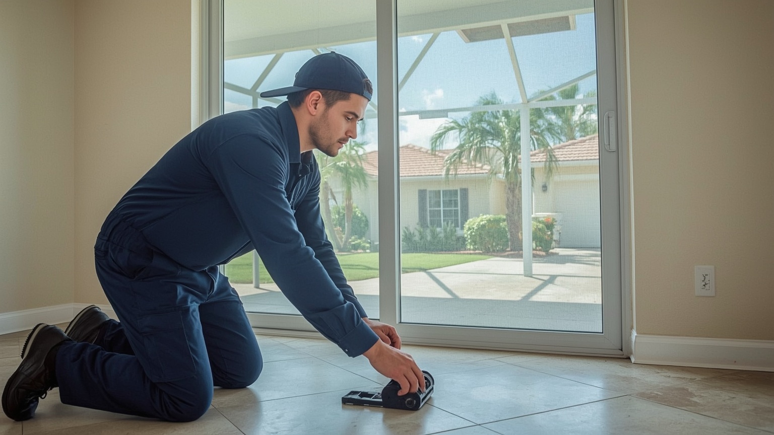 Sliding door repair technician working on a sliding glass door in Tamarac Florida